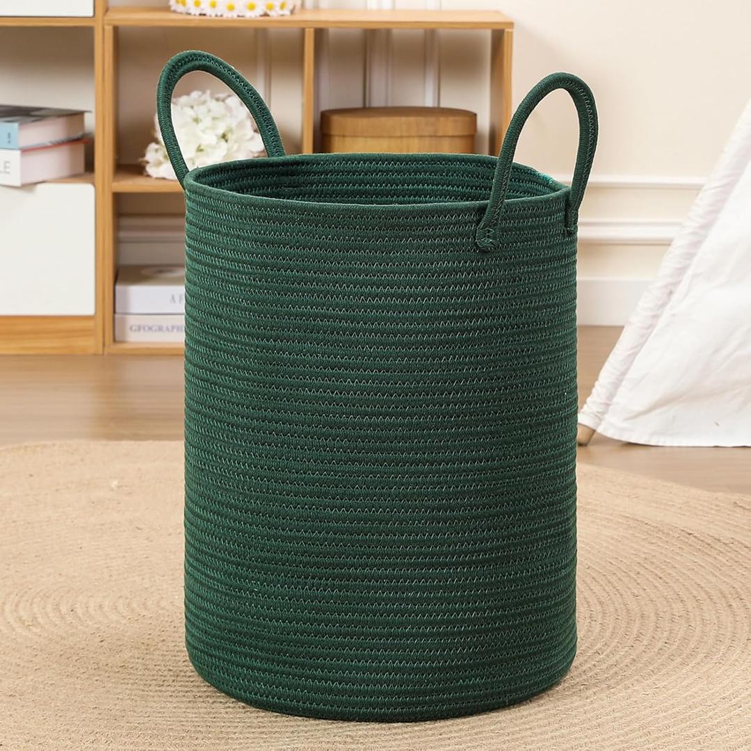 60L Large Woven Laundry Basket Hamper, 100% Natural Cotton Rope, Handwoven & Durable, Storage for Blankets, Toys, Clothes, Decorative Nursery Hamper for Living Room, Baby Room, Bedroom (Dark Green)