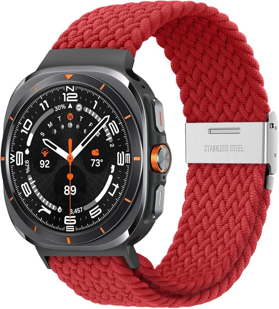 Stretchy Braided Bands For Samsung Galaxy Watch Ultra/Ultra 2 (47MM), Smartwatch Replacement Elastic Nylon Woven Breathable Sport Strap For Galaxy Watch 7 Ultra 2024/2025 Men Women (Red)