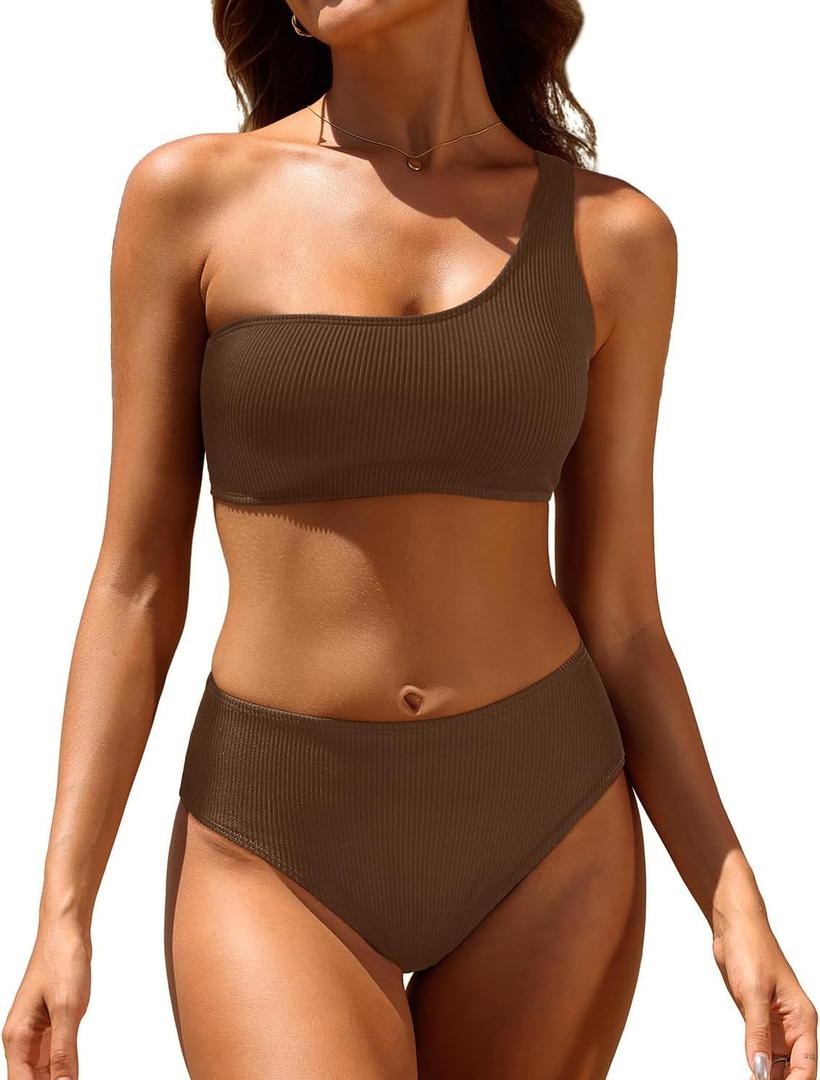 Tempt Me Women Two Piece Swimsuits Ribbed One Shoulder Bikini Sets Mid Waist Bathing Suit (Large, Brown)