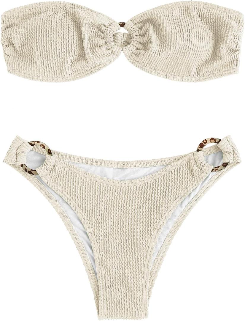 ZAFUL O Ring Bandeau Bikini Sets for Women Sexy Strapless Swimsuits 2 Piece High Cut Bathing Suit (Small)
