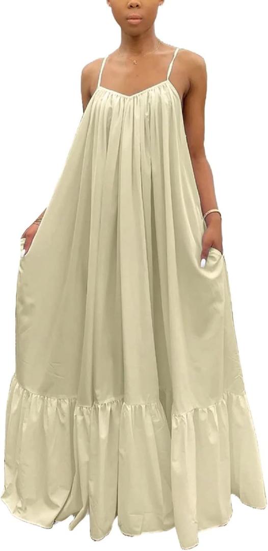 Adogirl Women's Sexy Spaghetti Strap Sleeveless Ruched Ruffle Hem Bandage Oversized Beach Loose Long Maxi Swing Dress (XX-Large)