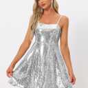 Allegra K Women Sequin Mini Dresses Party Club Adjustable Spaghetti Strap Festival Outfits Sparkly Disco Dress (Gray, L)