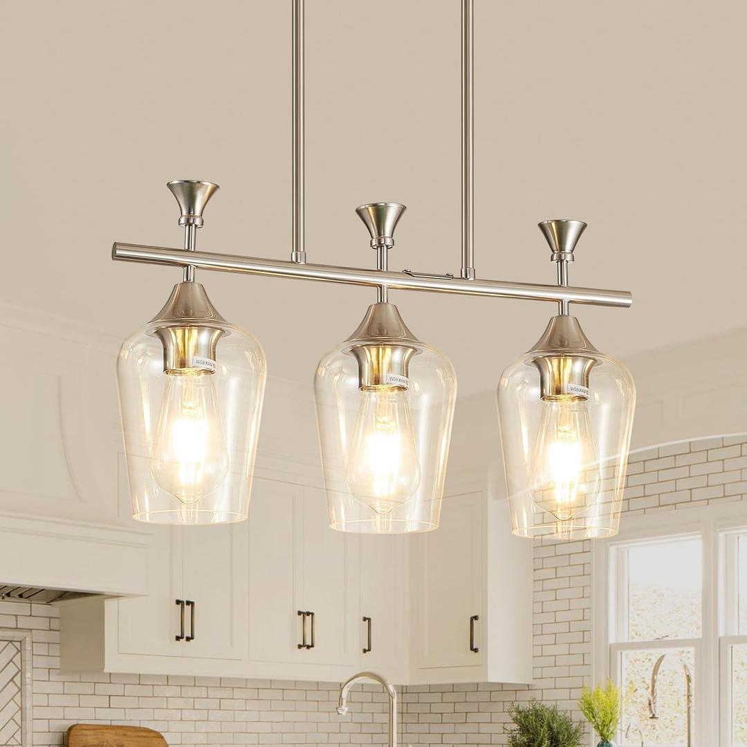 21.2" Dining Room Light Fixture/Chandelier Over Table, 3-Light Brushed Nickel Kitchen Island Lighting with Clear Glass Shade, Modern Hanging Pendant Lights Fixture for Kitchen Island, Dining Room, Bar