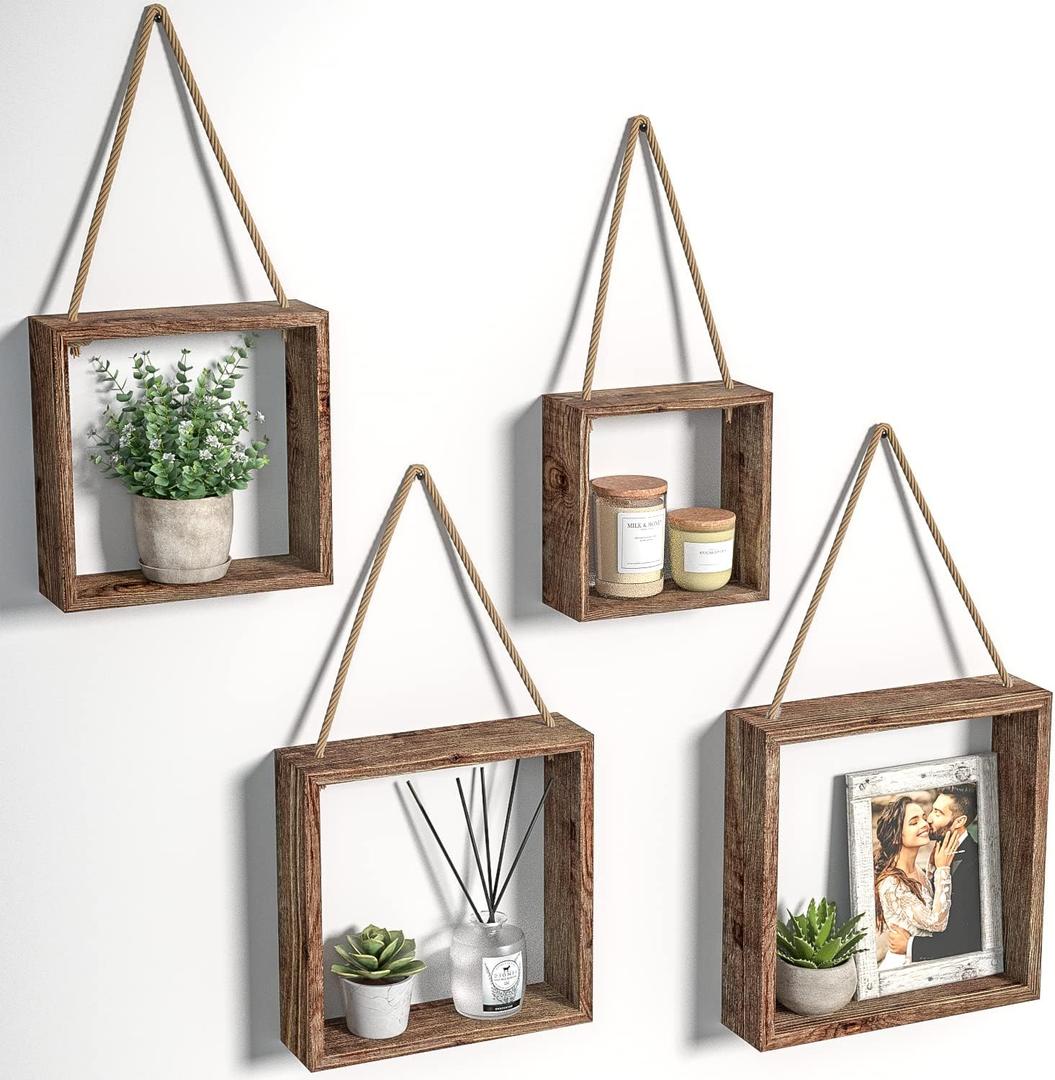 J JACKCUBE DESIGN Floating Hanging Square Shelves Wall Mounted Rustic Wood Cube Display Shelf Shadow Boxes Decorative Boho Home Dcor for Living Room, Bedroom, Office, Set of 4 (Brown) - MK571B
