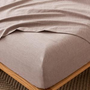 MooMee Fitted Bottom Sheet Only 100% Washed Cotton Linen Like Textured Breathable Durable Soft Comfy Deep Pocket Fits Mattress up to 17" (Mauve Brown, Queen)