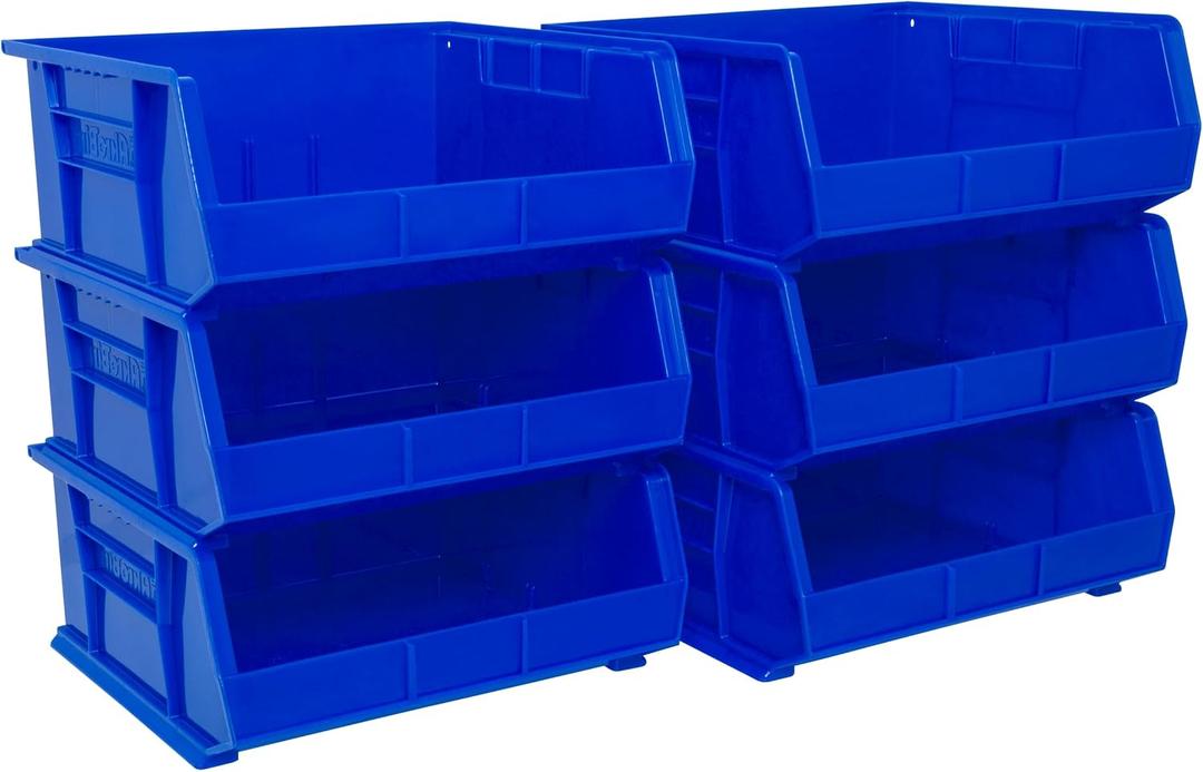 Akro-Mils 30250 AkroBins Plastic Storage Bins, Space-Saving Stackable Bins for Garage, Pantry, Craft Organization, 15" x 16" x 7", Blue, 6-Pack