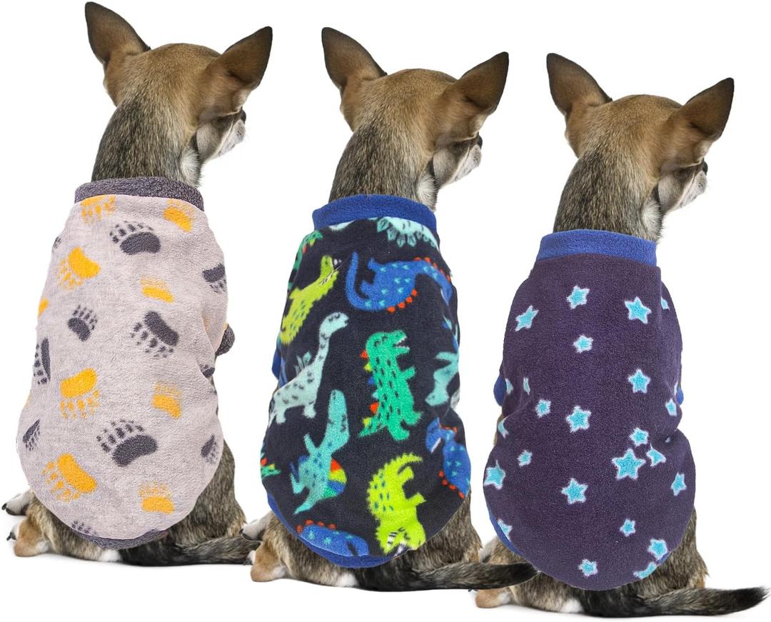 3-Piece Small Dog Sweaters - Fleece Winter Warm XS Boy Dog Clothes - Cute Dinosaur Patterns - Chihuahua, Yorkie - Christmas