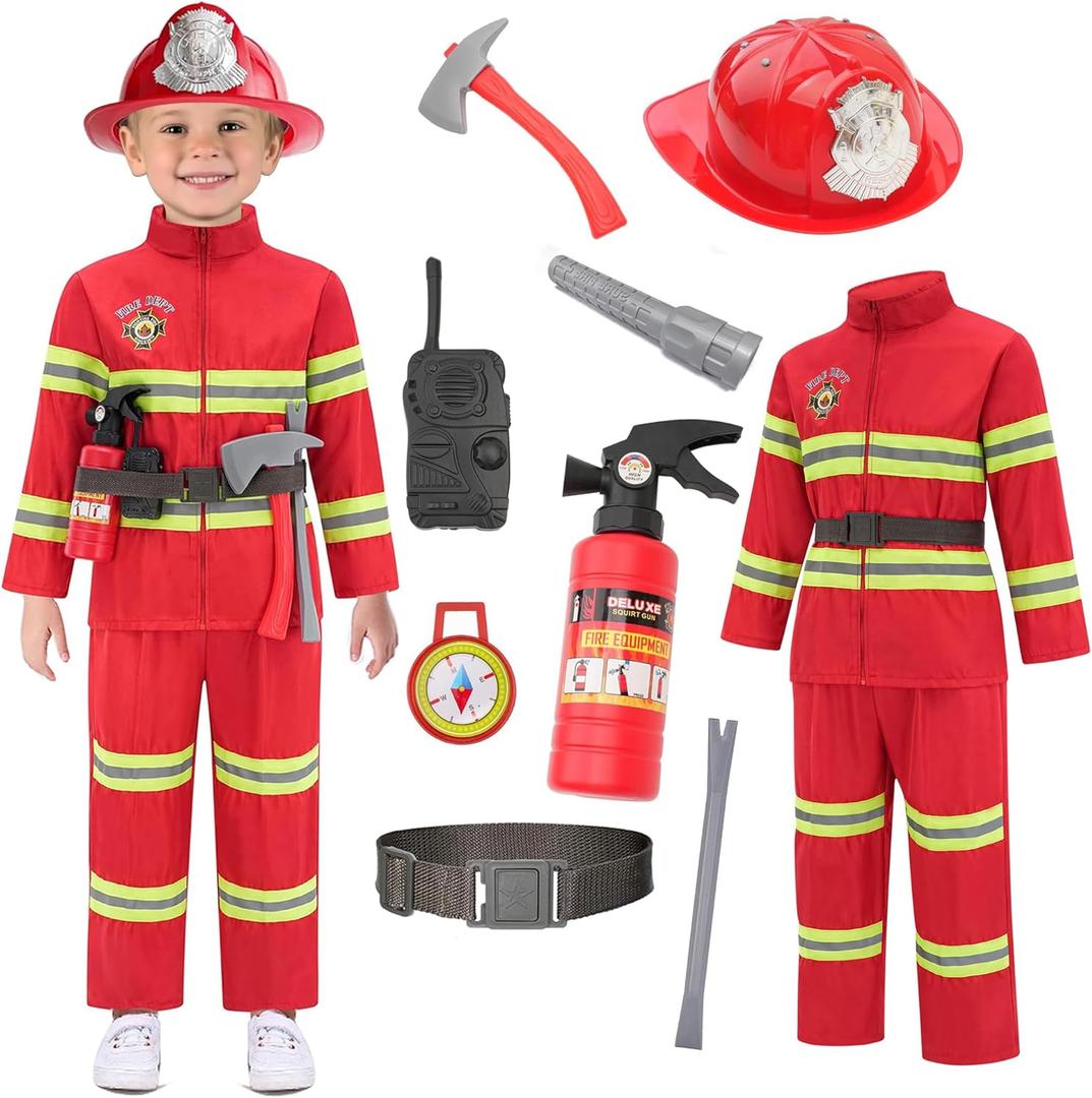 Avady Firefighter Costume for Kids Fireman Costume for Boys Halloween Costume Cosplay Dress Up (9-10 Years, Red)