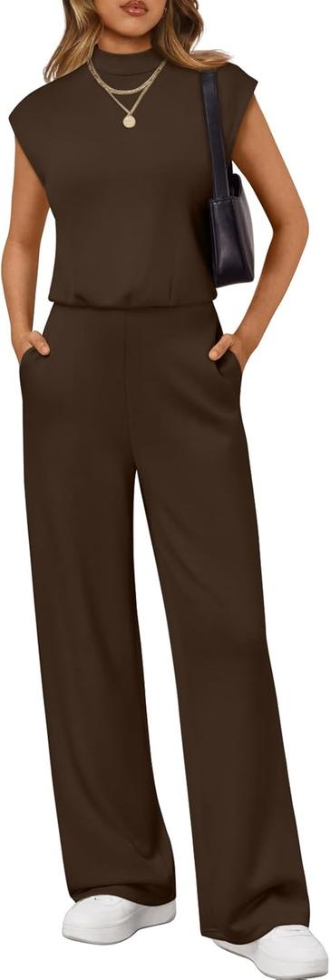 LILLUSORY Jumpsuits for Women Dressy Summer Jumpsuit 2026 Mock Neck Tops High Waist Wide Leg Pant with Pockets (Brown, M)
