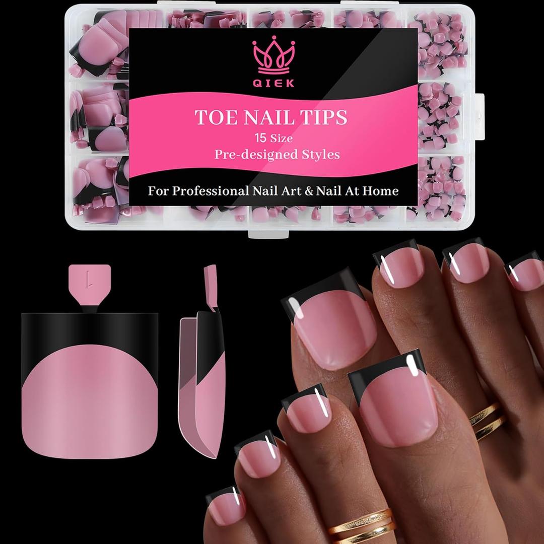 Toenail Press Ons French Tip, Berry Pink Black Elegant False Toe Nail Extension 15 Sizes 270 Pcs Sharp Square Acrylic Tips Pre-applied Nail Primer & Base Coat Full Cover for DIY Home 2025 Summer