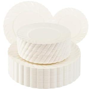 U-QE 100Piece Thanksgiving Plates Disposable - Ivory Plastic Plates Disposable Heavy Duty - High End Disposable Plate for Thanksgiving Including 50PCS 9 '' Dinner & 50PCS 6.5 '' Dessert Plate
