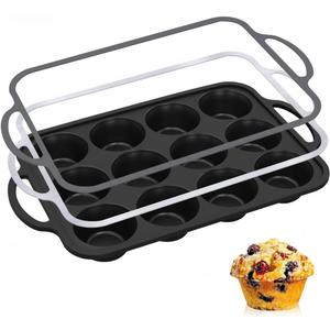 12-Cup Mini Silicone Muffin Pan with Reinforced Steel Frame,Metallic Black | Regular Size Cupcake Pan, BPA Free Silicone Muffin Tray, Reinforced Steel Frame for Stability, Easy Baking & Cleanup, 1Pk