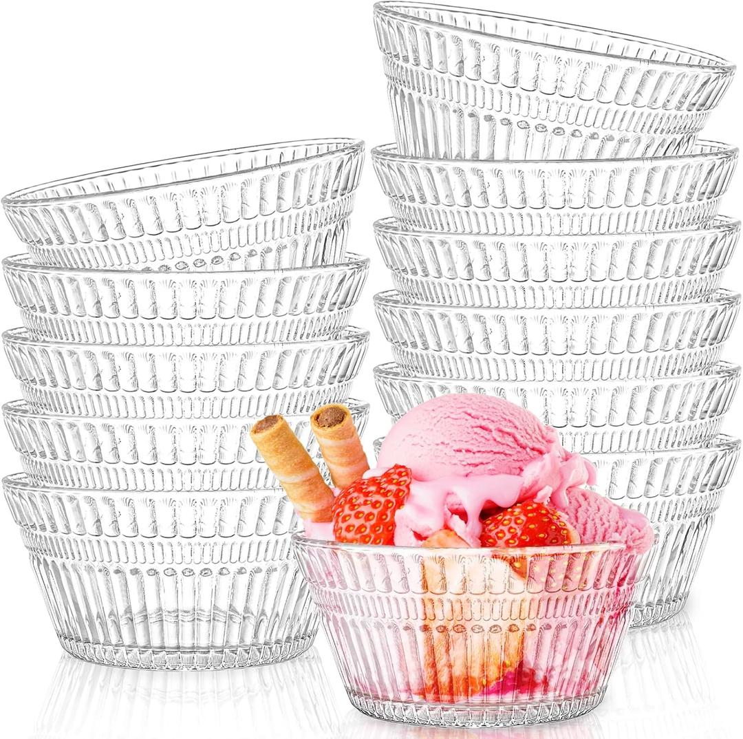 Nagpew 12 Pack Small Glass Bowls Set, 12 Oz Fluted Prep Dessert Bowls for Kitchen, Stackable Snack Serving Bowls Side Dishes for Ice Cream, Dipping, Yogurt, Cereal, Candy