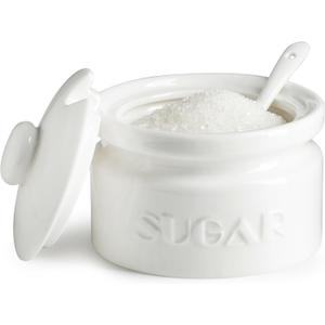 Gomakren Sugar Bowl with Lid and Spoon, Sugar Container Sugar Dish 10oz, Ceramic Sugar Jar for Coffee Bar, Kitchen, Countertop - Modern Farmhouse Kitchen Christmas Decor, White
