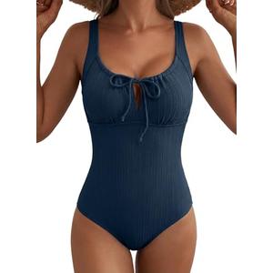 Aleumdr Textured Tummy Control Swimsuits for Women Tie Knot One Piece Bathing Suit Drawstring Slimming Vintage Swimwear Sail Blue Large