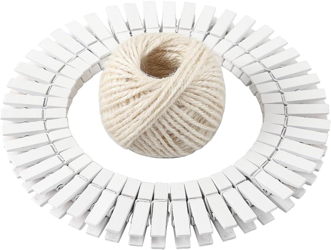 HSTECH 100 Pcs White Mini Natural Wooden Clothespins and 82 Ft Jute Twine, Baby Clothes Pins, 1.38in Craft Photo Clips for Home School Arts Crafts Decor, DIY Decoration's, Arts and Crafts, Weddings