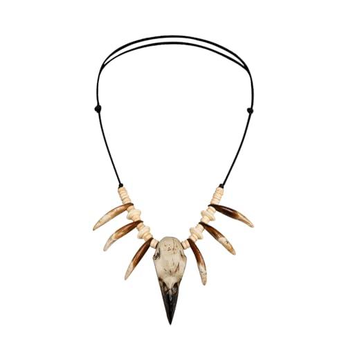 L'VOW Viking Raven Skull Necklace Bone Tooth Pagan Necklace for Men Women Halloween Savage Barbarian Cosplay