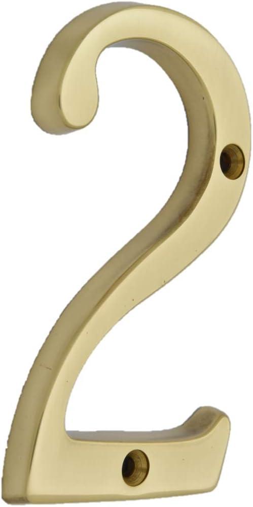 QCAA Traditional Heavy Solid Brass House Number 2, 4", Polished Brass Lacquered, 1 Pack, Made in Taiwan