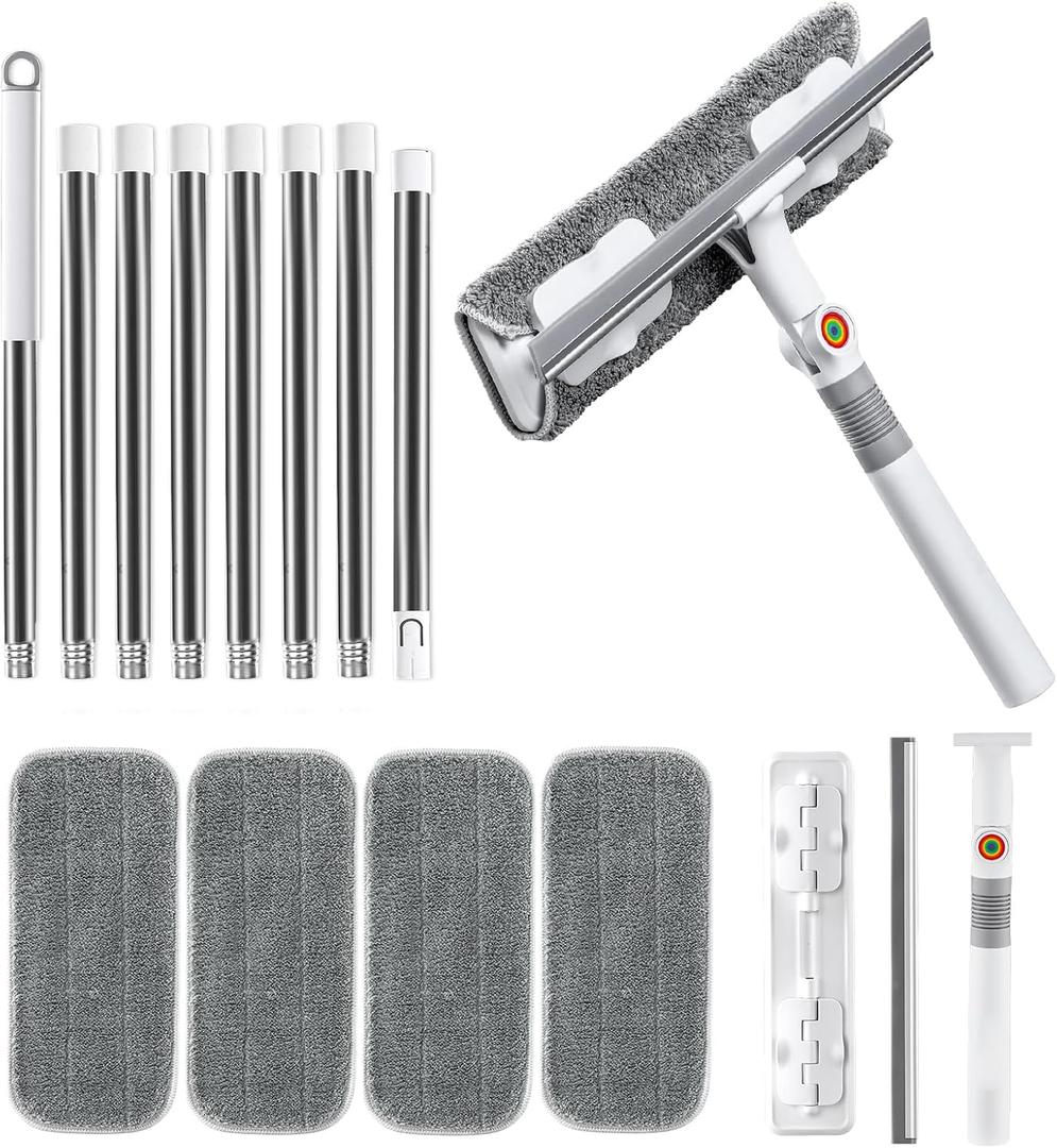 MUEE Window Cleaning kit,2-in-1 Adjustable Window Washing Squeegee Kit with Extension Pole,Squeegee Window Cleaner Tool with Scrubber and Rotating Head for Indoor and Outdoor Window