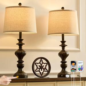 27.5" Farmhouse Table Lamps Set of 2 Bedside Lamp with USB C+A Ports & AC Outlet, 3 Way Dimmable Touch Lamps for Living Room Bedroom Office Hallway Rustic Nightstand Traditional Lamp