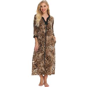Bloggerlove House Dresses for Womens Zip Up Robe Cotton Nightgown Long House Coat Half Sleeve Night Gowns Comfy Sleepwear, Size XL