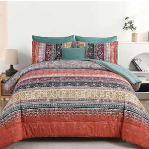 Cottolester Boho Comforter Set King Size 8 Piece Bed in a Bag Bohemian Striped Bedding Quilt Set Aqua Paisley Floral Comforter and Sheet Set,Soft Microfiber Complete Bedding Sets for All Season