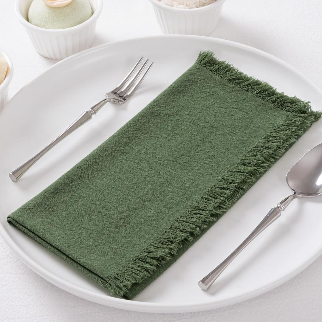 6 Pack Olive Green Cotton Linen Napkins with Fringe Green Cloth Napkins Set of 6 Boho Handmade Dinner Table Napkins for Wedding Bridal Baby Shower Tea Party, 17 x 17 Inches