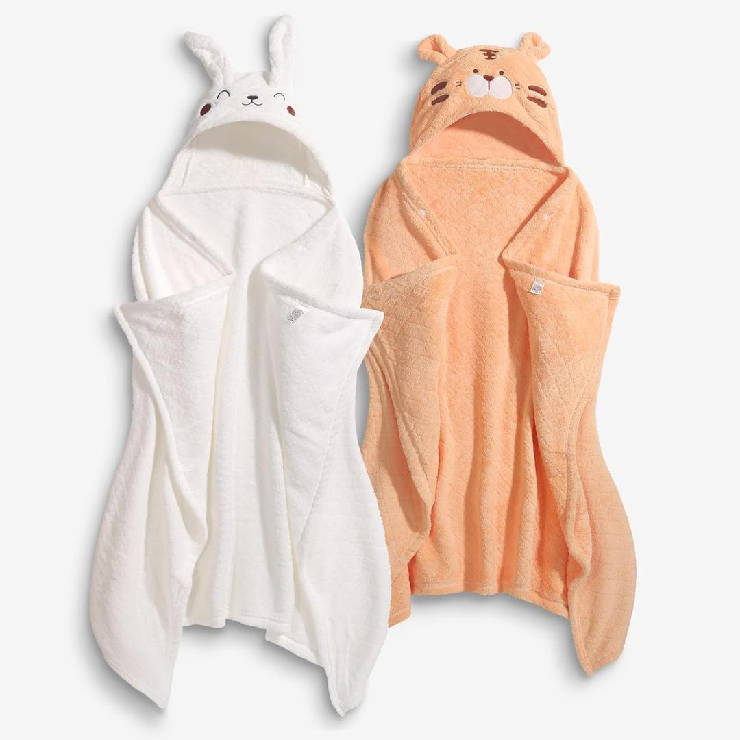 Toddler Bath Towel Baby Bath Towels Hooded Kids Towel for Boy Girl 0-5 Year, 2-Pack Thick Absorbent Toddler Towels Hooded Baby, Large 50''x32'' Soft Hooded Baby Bath & Hooded Towels (White Rabbit&orange Tiger)