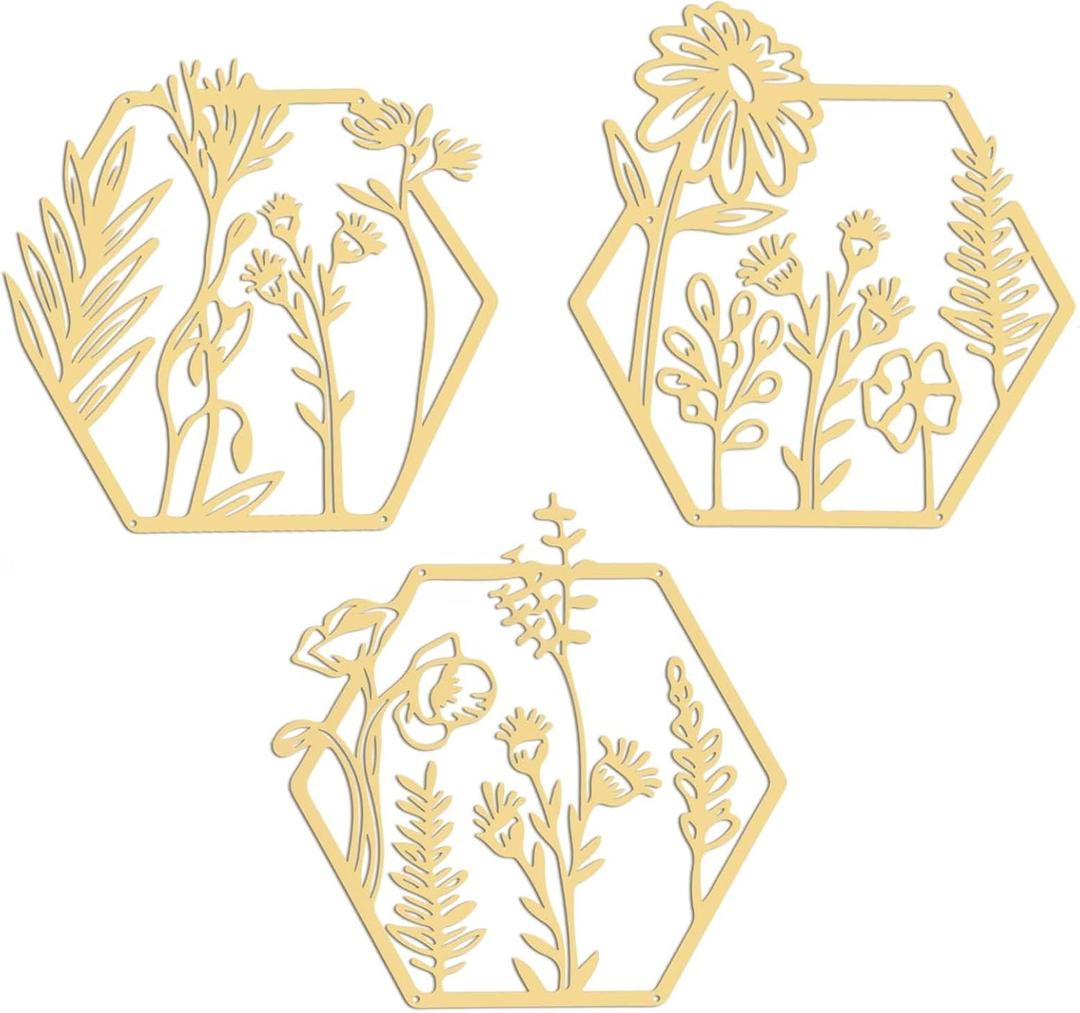 3 Pcs Gold Metal Flowers Wall Decor Minimalist Metal Flower Art Gold Floral Walls Hanging Decor for Living Room Bedroom Kitchen Bathroom Indoor Outdoor