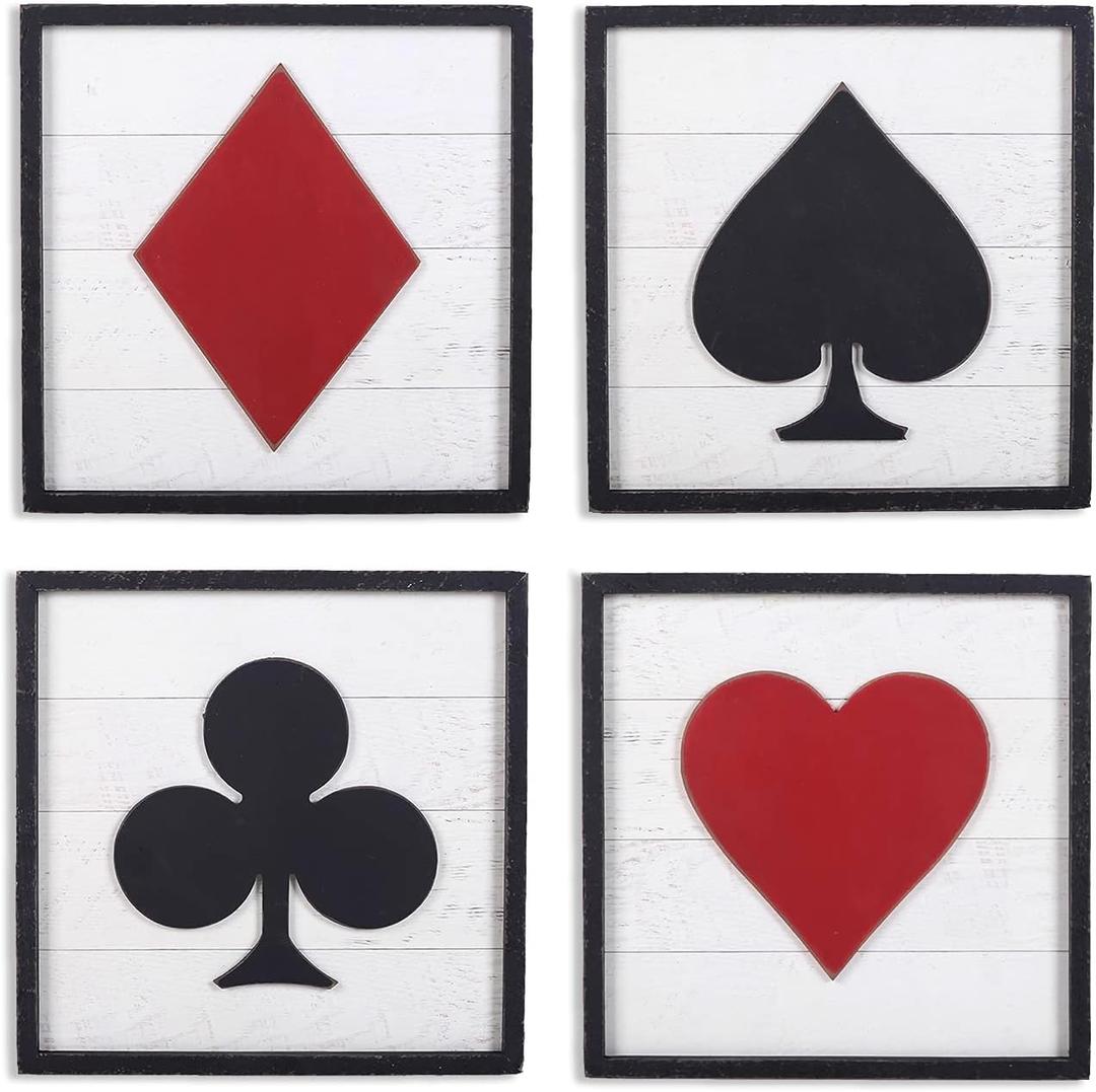 Poker Wall Art Decor Game Room Decor Framed Wooden Square Accessories Hanging Vintage Rustic Masculine Decorative Wall Signs for Boy Man Room Living Room Bedroom Gift for Gaming Lover, Set of 4