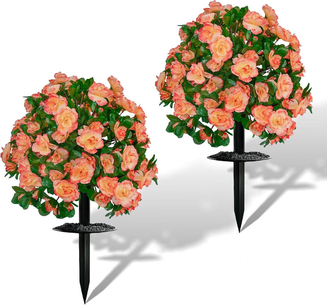 Artificial Flowers for Outdoors, Faux Outdoor Plants Fake Plants Topiary Balls Artificial Outdoor Set of 2 with Ground Spike for Home Front Porch Patio Garden Decor (Tangerine)