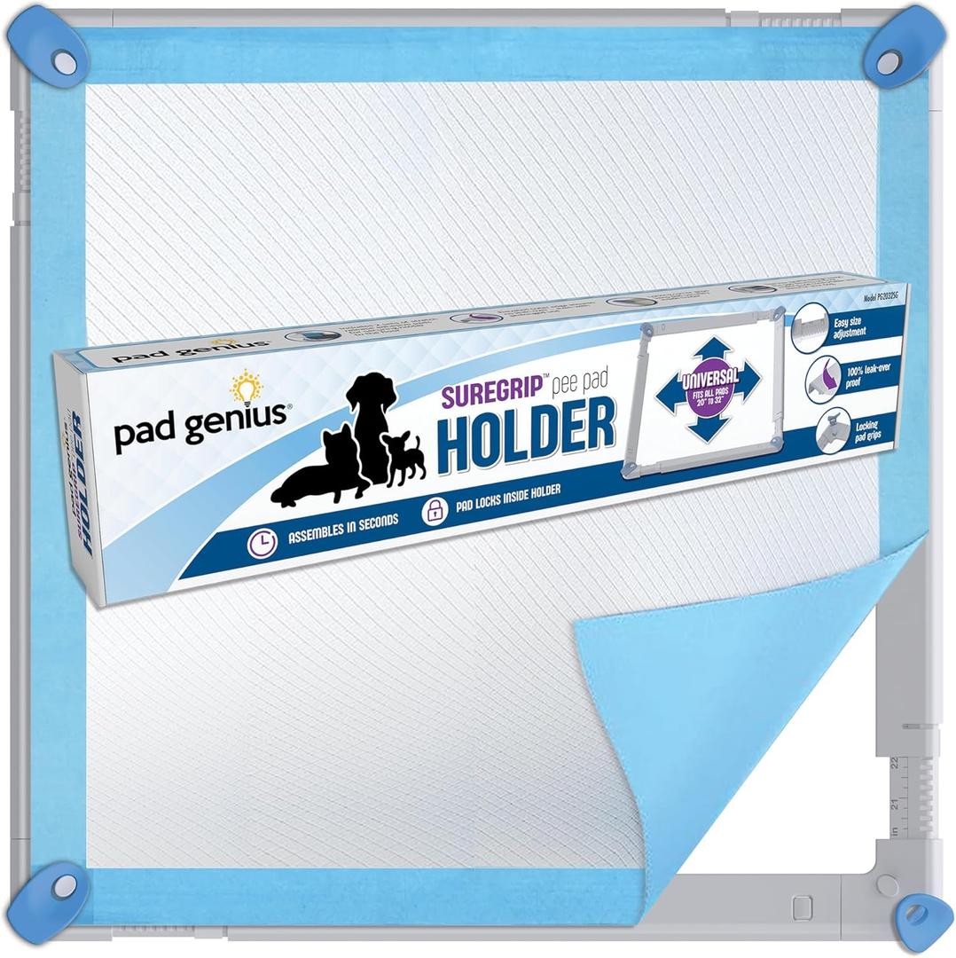 Pee Pad Holder - Fits Perfectly to All M/L/XL Pads, 100% of Urine Stays on Pad, Integrated Locking Pad Grips, Holder Secures to Floor - No Dragging, Chewing or Folding Like Soft Tray Holders