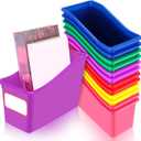 Teling 12 Pcs Plastic Book Bins Bulk for Classroom Interlocking Magazine Holder Organizer Folder Binder Storage Container Box with Name Labels for School Office Home Supply (Rainbow Bright)