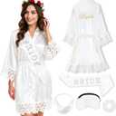 EPLAZA Bride Robe for Wedding Day Set Bridal Robe with Bride Sash Lace Trim Silky Embroidery Satin Kimono for Bridal Party (Small-Medium, White)