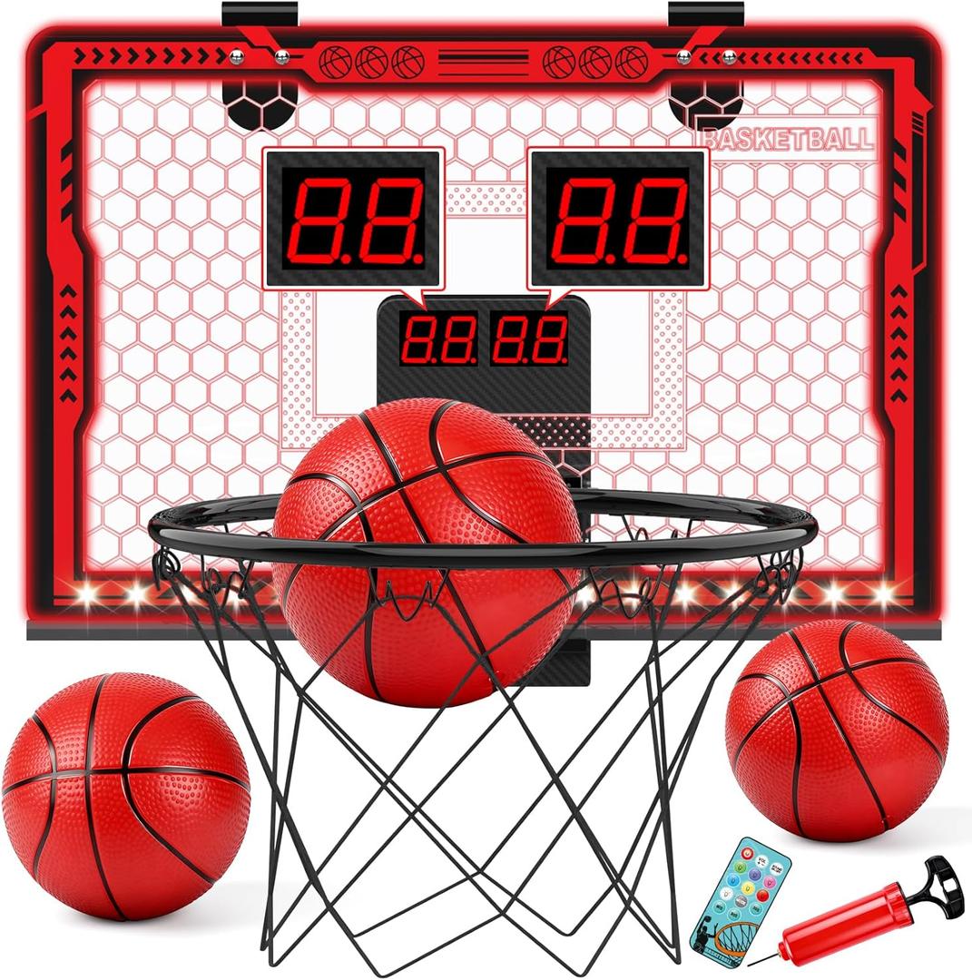 Indoor Basketball Hoop for Kids, Remote Control Basketball Hoop Indoor with Electronic Scoreboard/7-Color LED Lights/2 Modes/3 Balls, Foldable Design, Cool Basketball Gifts for Boys 8-12 (Red)