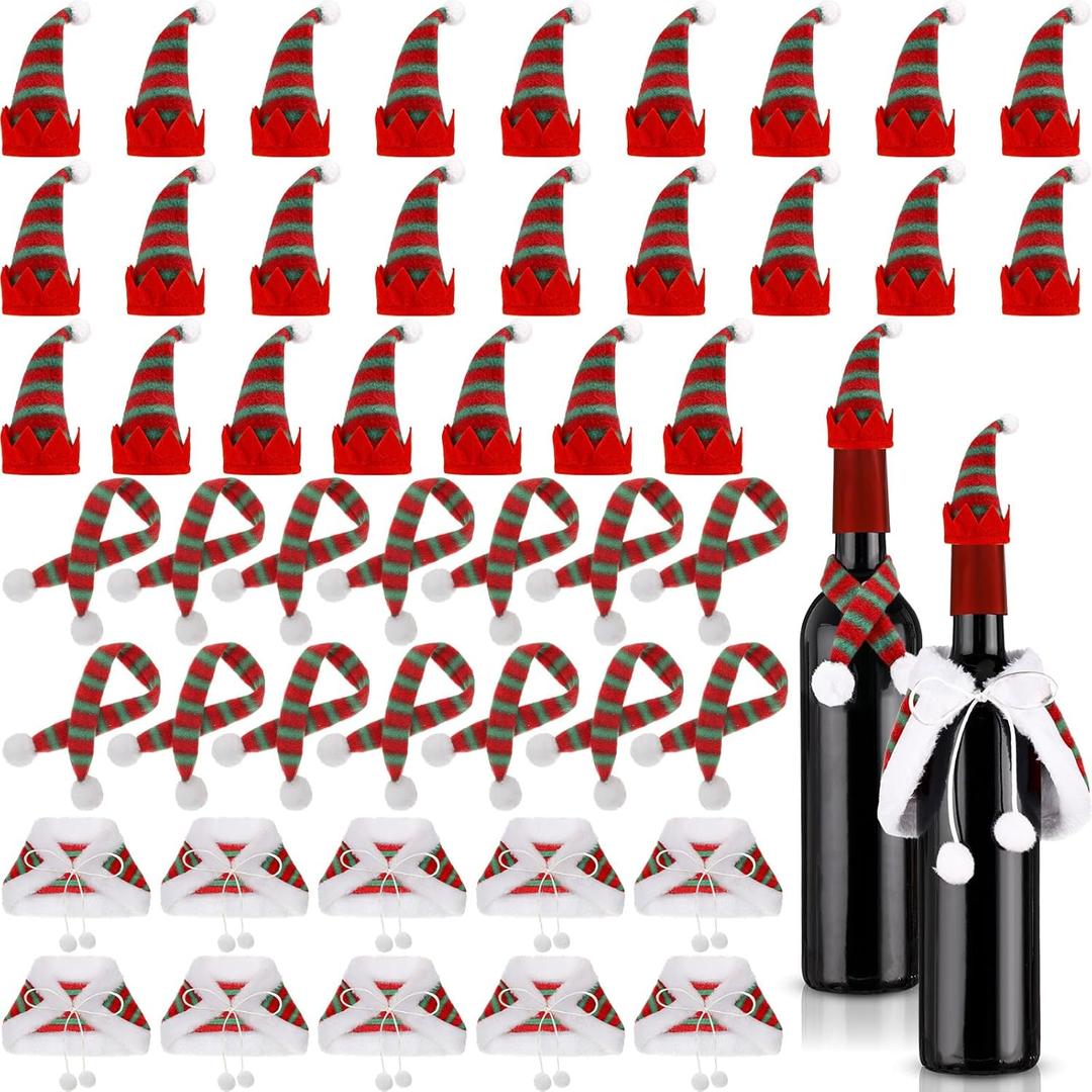 Nuenen 50 Pcs Mini Christmas Wine Bottle Cover Set Tiny Santa Hat Scarf Capelet Flute Topper Decoration Xmas Doll DIY Craft