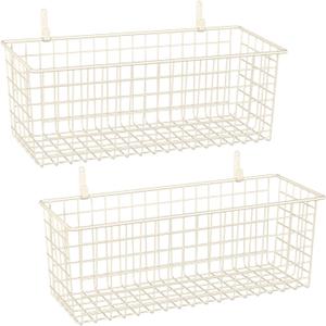 2 Sets Extra Large Hanging Wall Basket, White Metal Wire Baskets with Steel Hooks for Organizing, WallmountedFruit Vegetable Toy Snack Storage, Home Kitchen Bathroom Laundry Pantry Organizer