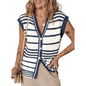 Dokotoo Sweater Vest Women Striped V Neck Button Vest for Women Vest Top Spring Cardigan Sweaters for Women 2026 (L)