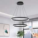 2-Rings Modern LED Chandelier Black for Dining Room, Dimmable Pendant Lighting with Remote Control Circular Flush Mount High Ceiling Light for Bedroom Living Room Foyer, 3000K-6500K