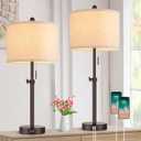 Modern Brown Table Lamps Set of 2, 23-30 Adjustable Bedroom Lamps with 2 USB Ports, Living Room Lamp Set with Cream Linen Shade, Industrial Desk Lamp for Nightstand End Table Home Office Reading