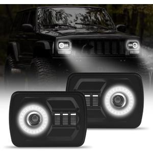 2Pcs Rectangle 57 76 Inch LED Headlights with Halo DRL & Turn Signal High/Low Beam,Compatible With Cherokee XJ Wrangler YJ GMC Dodge Kenworth T300 Replacement H6054 H5054 6052 (White Halo)