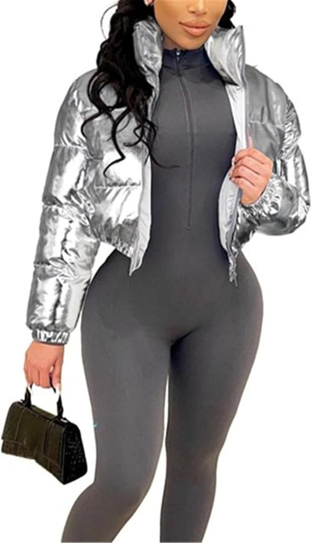 Halfword Women's Shiny Cropped Puffer Jacket Long Sleeve Solid Color Stand Neck Winter Down Coat, Silvery, M