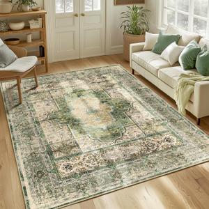 BESTSWEETIE 5x7 Area Rugs Machine Washable No Pile Non Slip Vintage Rugs for Living Room&Bedroom&Dinning Room Bohemian Distressed Carpet Indoor,Green/Teal/Multi