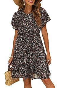 Manydress Women's Chiffon Floral Casual Summer Boho Flutter Sleeve Flowy Skater Western Dress MY112 (Black Print, L)