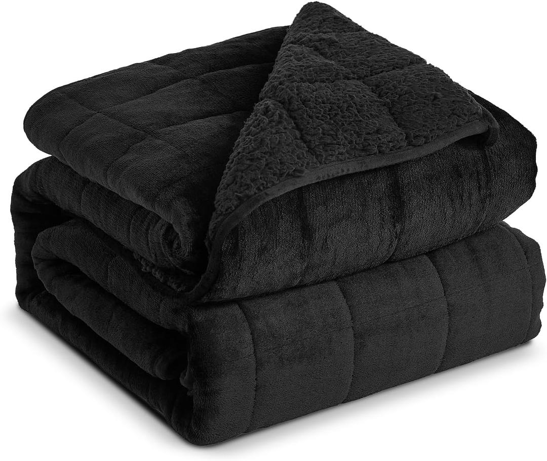 Sherpa Fleece Adult Weighted Blanket, 15 Pounds Dual Sided Soft Plush Blanket for Couch Bed Sofa, Heavy Thick Blankets with Glass Beads Great for Sleep, 48 x 72 inches, Black on Both Sides