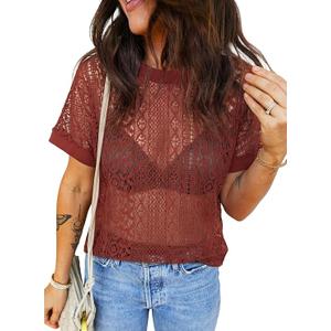 EVALESS Womens Spring Summer Tops Casual Lace Tops Crewneck Short Sleeve Shirts Cut Out T Shirts Sheer Crochet Beach Cover Up, Size L