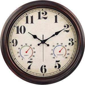 JENLYSTIME 16 Inch Dark Brown Vintage Wall Clock with Thermometer & Hygrometer - Waterproof Decorative Indoor/Outdoor Clock with Large Numerals & Silent Sweep Movement - Ideal for Porch, Garden, Pool