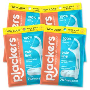 Plackers Twin Line Dental Floss Picks, Dual-Line Tuffloss, Easy Storage, Cool Mint Flavor, 75 Count (Pack of 4)