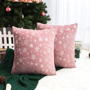 AQOTHES Soft Faux Fur Fuzzy Cute Decorative Throw Pillows Covers with Snowflake Glitter Printed Pillowcases for Christmas Decor Home Bed Room Sofa Chair Couch, Pink 20x20 inch, Pack of 2