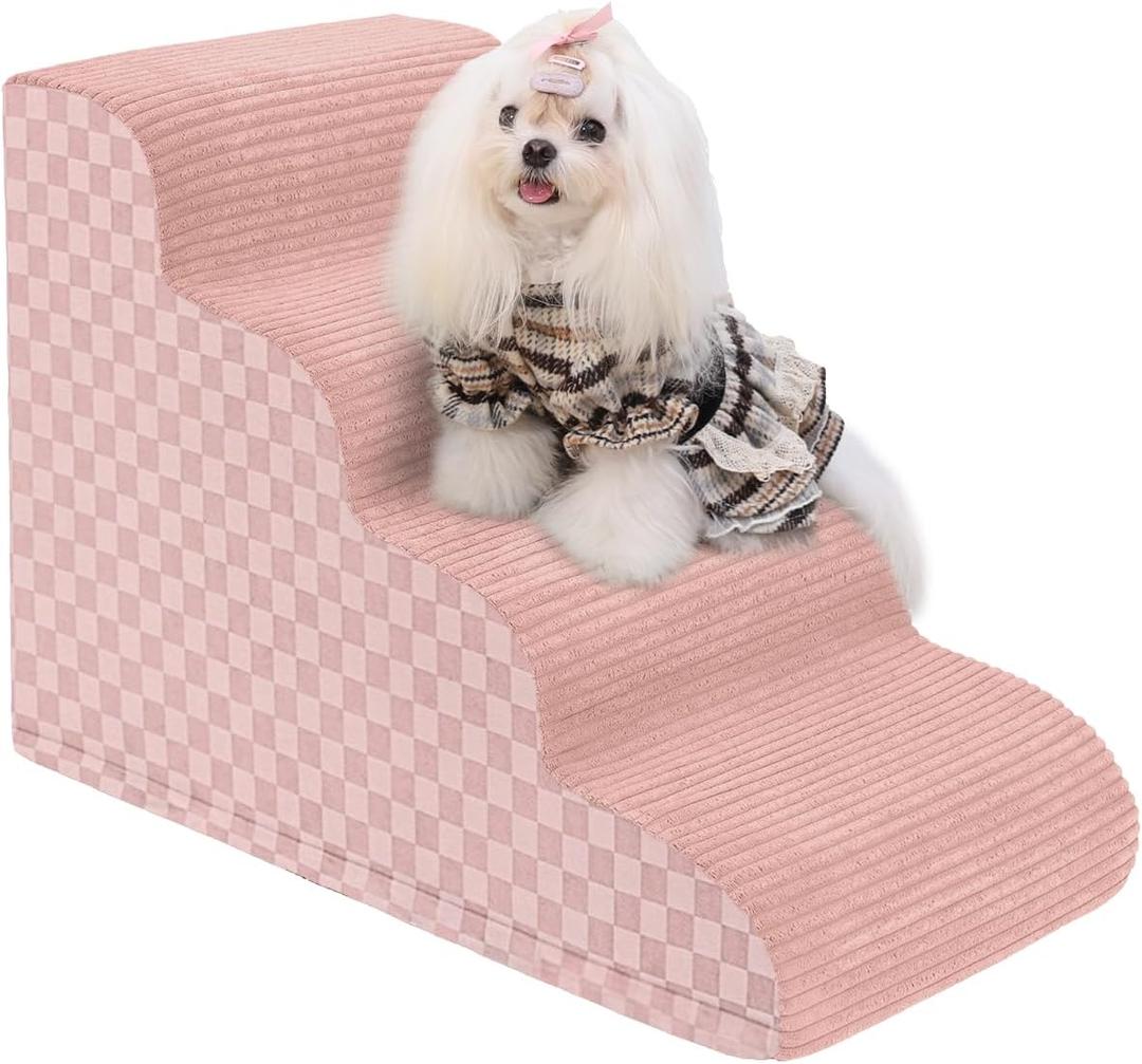 Dog Stairs Curved Ramp for Small Dogs 19.5" H, 4-Step Pet Stairs for Couch Bed with High Density Foam, Dog Slope Stairs with Durable Non-Slip Bottom Pink